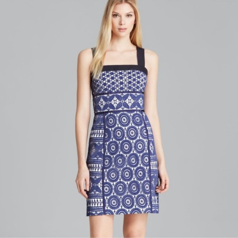 Tory Burch Margaux Guipure Lace Dress‎ 100% Cotton Blue & White Size 4